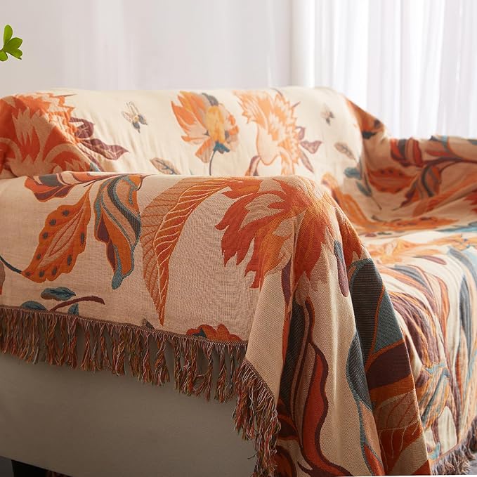 Boho Throw Blanket for Couch Sofa Bed, 100% Cotton Woven Quilt with Tassel 90”x98”, Super Soft Muslin Blanket with Floral Printed, Decorative Reversible Bed Blanket/Cover for All Seasons