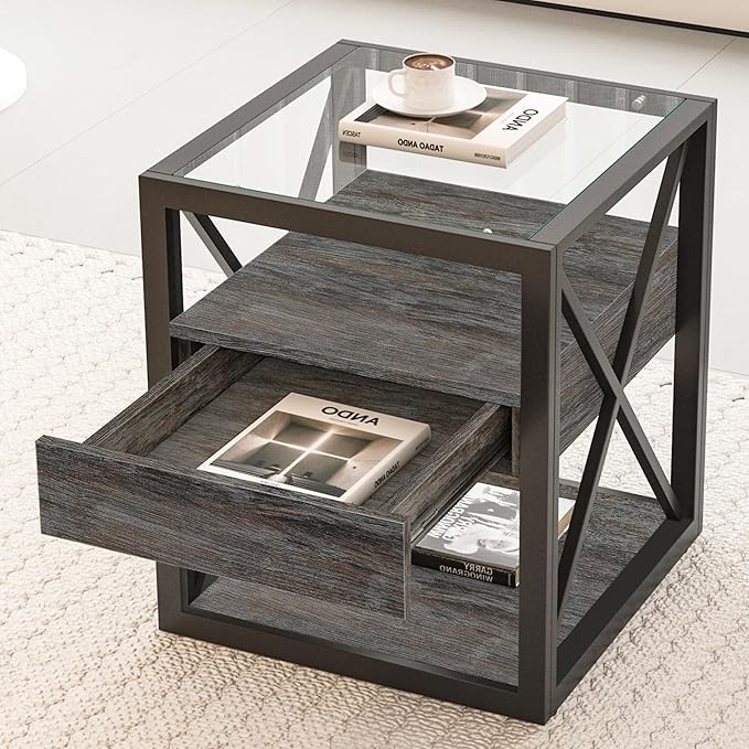 Farmhouse End Table Set of 2, Modern Side Table with Drawer&3-Tier Storage Shelf, Square Rustic Nightstand, Accent Tea Table, for Bedroom Office Living Room, Grey, Natural Wood, Glass, Metal