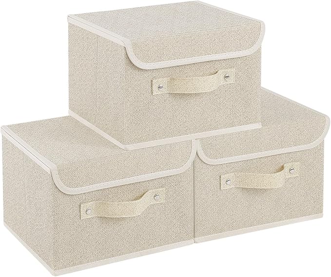 Fabric Storage Bins Cube Organizers with Flip-Top Lid and Handles,Storage Boxes for Organizing Home,Office,and Closet,Grey and Beige,3 Pack 10.2 X 7.9 X 6.7 in