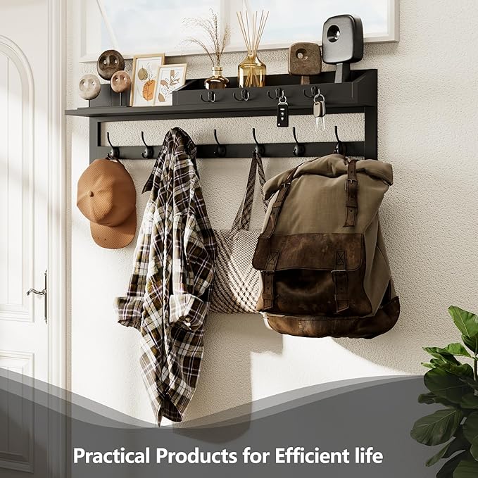 AMBIRD 35 inch Wall Hooks with Shelf, Coat Rack Wall Mount, Large Coat Hanger for Wall, Entryway Shelf with 7 Dual Coat Hooks, 4 Key Hooks and Mail Organizer, Wooden Key Holder Rack (Black)