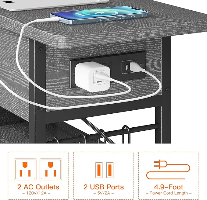 End Table with Charging Station, Flip Top Nightstand with USB Ports and Outlets,Couch Side Table with Fabric Bag and Hooks, Bedside Table for Space Saving, Living Room, Bedroom (Grey)