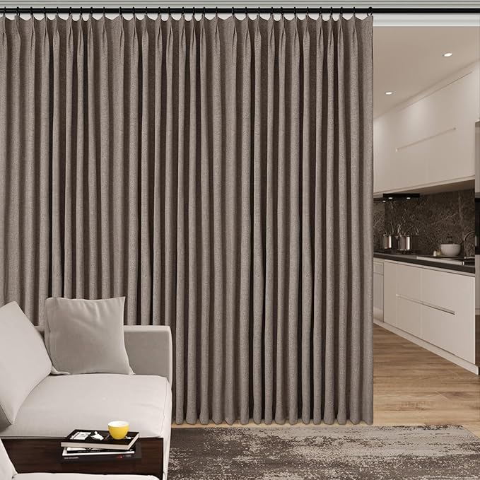 Light Coffee Pinch Pleat 100% Blackout Drapes Linen Blend, Room Divider, Room Darkening, Energy Saving, Furniture Protecting, Light Blocking Extra Wide Privacy Curtains, 200Wx108L, 1 PC