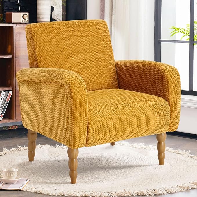Chenille Fabric Accent Chairs Set of 2, Upholstered Armchair with Solid Wood Legs, Modern Living Room Accent Chair, Comfy Single Sofa Reading Club Chair for Bedroom Reception Lounge, Yellow