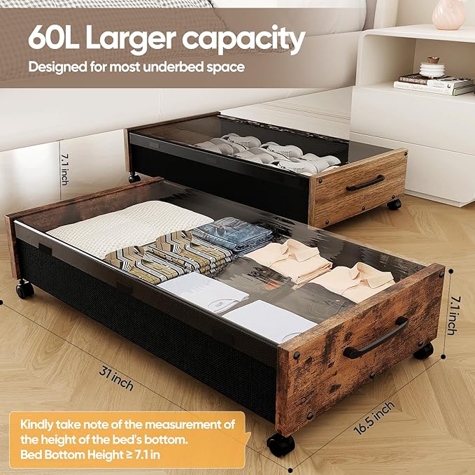 Wooden Under Bed Storage with Wheels, Rolling Under the Bed Storage Bins with Removable Lid, Metal Under Bed Drawers for Clothes and Shoes in Bedroom or Living Room(Walnut Brown-1pack)