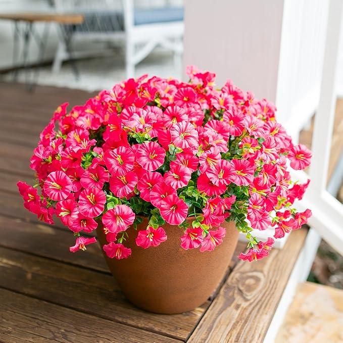 Artificial Flowers for Outdoors Fake Plants Outside Decoration, 12 Bundles Silk Hot Pink Morning Glory UV Resistant Look Real Faux Flowers for Planter Front Door Porch Patio Yard Gardens Home