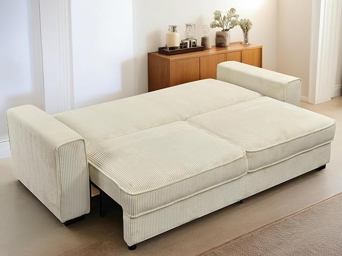 91-Inch Corduroy Pull Out Couch with Storage, Convertible Queen Sleeper Sofa with Pull Out Bed, Hide a Bed Couches for Bedroom, Guest Room, Apartment, Small Places, RV (Beige)
