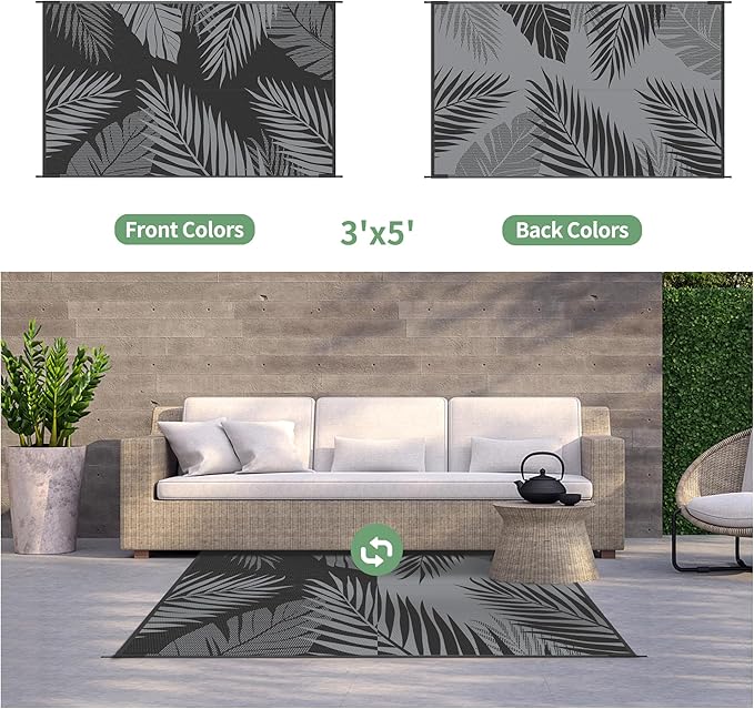 GENIMO Outdoor Rug 3' x 5' Waterproof for Patios Clearance, Reversible Outdoor Plastic Straw Camping Rug Carpet, Large Area Rugs Mats for RV, Camper, Deck, Balcony, Porch, Beach, Picnic, Black&Grey