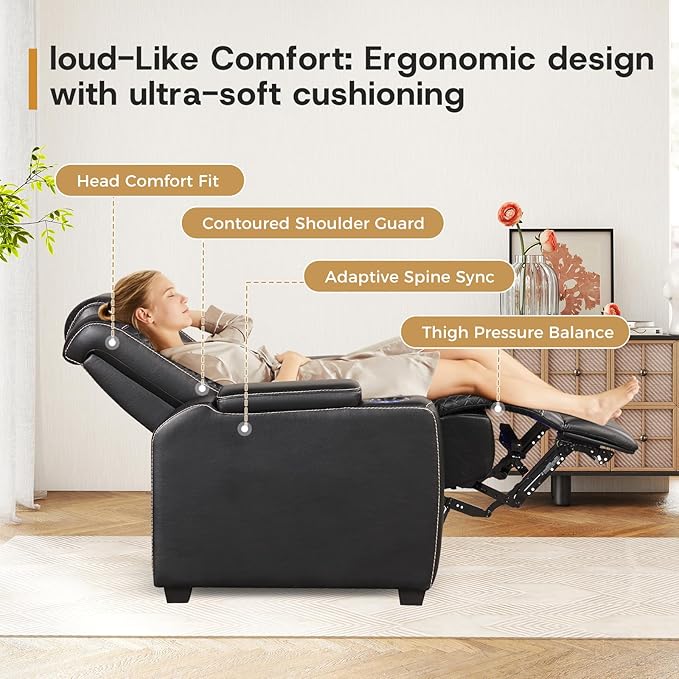 ANJ Power Home Theater Seating Set of 2, PU Leather Electric Recliner Chair with Powered Headrest, Dual Motors Movie Reclining Chairs with LED Lights,USB Port, Cup Holders, Hidden Arm Storage (Black)