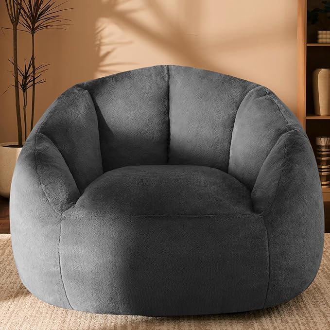 Giant Bean Bag Chair for Adults - Comfy Plush Round Shell Soft Accent Chair, Oversized Cozy Lounge Floor Sofa Reading Chair, Mini Couch for Living Room, Bedroom & Game Rooms, Gray