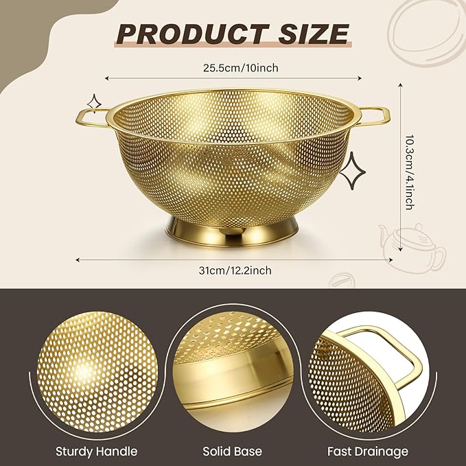 Norme 4 Quart Stainless Steel Gold Colander and 3 Pcs Gold Fine Mesh Strainer, Stainless Steel Pasta Rice Food Metal Strainer with Handles, Easy Clean and Dishwasher Safe
