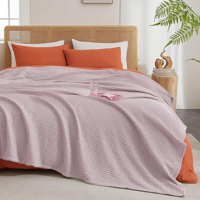 PHF Ultra Soft Waffle Weave Blanket Twin Size 66"x 90"- Washed Lightweight Breathable Cozy Woven Blanket for Bed - Aesthetic Decor for Couch Bedding Sofa Home Car - Dusty Rose