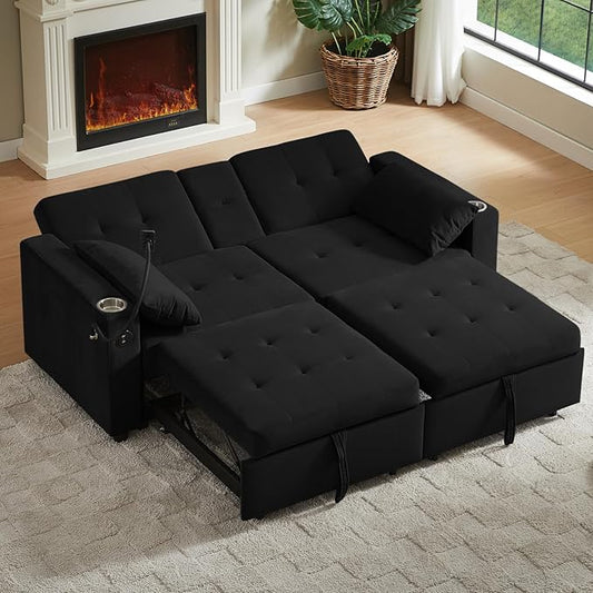 70" Queen Size Sofa Bed for Living Room – Pull-Out Sleeper Sofa Couch with Cup Holder, Phone Holder, USB Charging Port, Solid Wood Frame, Easy Assembly, Space-Saving Design for Small Apartments