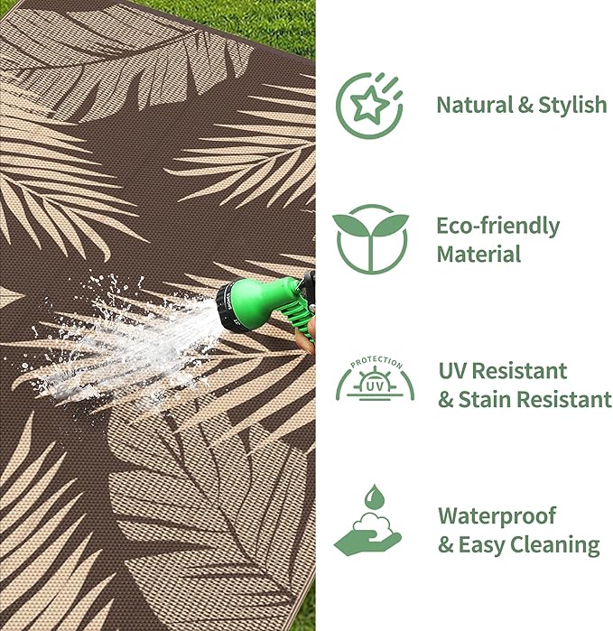 GENIMO Outdoor Rug 2.5' x 8' Waterproof for Patios Clearance, Reversible Outdoor Plastic Straw Camping Rug Carpet, Large Area Rugs Mats for RV, Camper, Deck, Balcony, Porch, Beach, Coffee&Beige