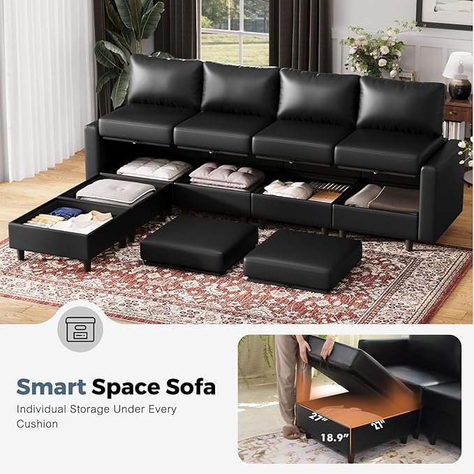 118.5" Faux Leather Modular Sectional Sofa with Storage Seat, Modern 6 Seater Couch Deep Seat with Removable Cover DIY Combination Black
