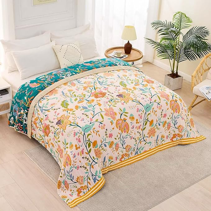 Boho Throw Blanket for Bed, 100% Cotton Soft Rustic Quilt Fall Blanket, 80" 90" Floral Printed Farmhouse Decor Bed Blankets, All Season Rustic Reversible Bohemian Throw Quilt