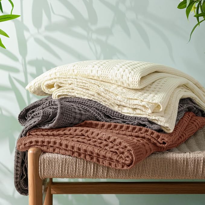 PHF Cooling Waffle Blanket Queen Size,Lightweight 60% Rayon Derived from Bamboo & 40% Cotton Breathable Blanket for Hot Sleepers, Soft and Luxury for Bed Couch and Sofa, 90"x90", Burnt Umber