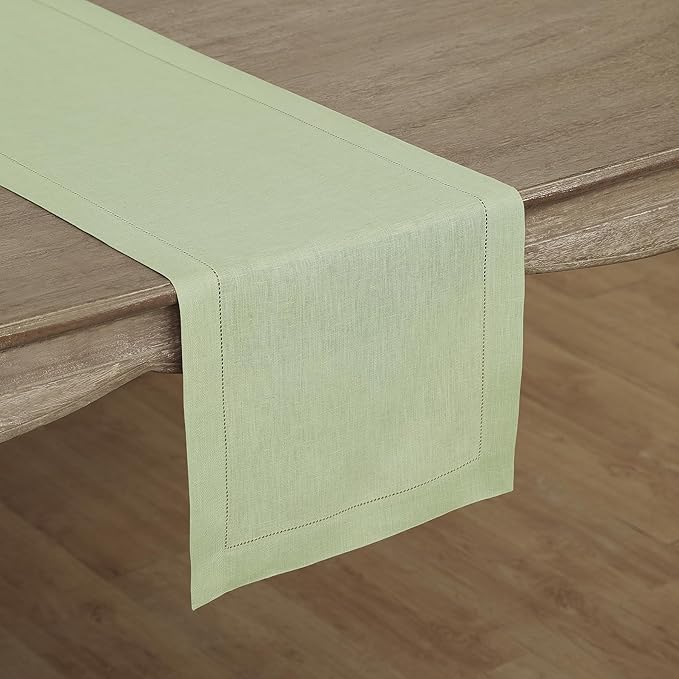 Solino Home Linen Sage Green Table Runner 108 Inches Long - 100% Pure Linen 14 x 108 Inch Table Runner for Fall, Autumn, Thanksgiving - Classic Hemstitch