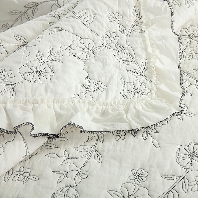 MarCielo 3-Piece 100% Cotton Bedspread Lightweight Quilt Coverlet Embroidery Farmhouse Bedding Set (Floral,Queen (98" X 90"))