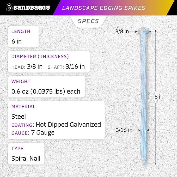 Sandbaggy 6 inch Galvanized Landscape Edging Spikes - Spiral Landscape Nails - 7 Gauge Steel - Great for Hard Rocky Soil - Also Great for Paver Edging, Artificial Turf, Landscape Fabric (200, 6 inch)