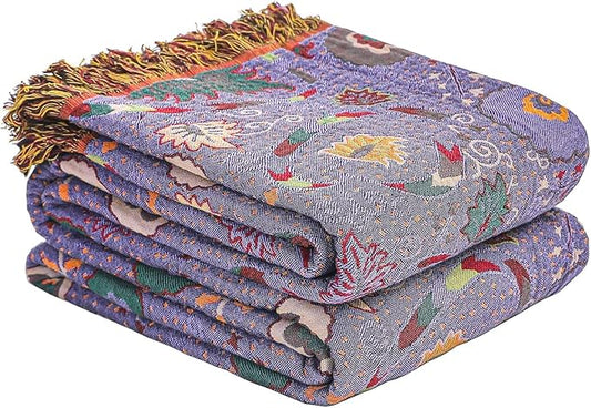 Boho Fall Throw Blanket for Bed Purple Flowers，100% Ultra Cotton Soft Breathable Bed Throw Floral Printed Farmhouse Decor Rustic Bed Throws for Couch Sofa Quilt 80" x 90"