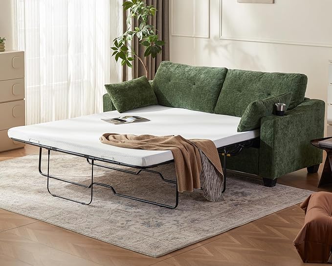 CHIC HOUSE Pull Out Sofa Bed, Full Size Sleeper Sofa, 2-in-1 Convertible Corduroy Couch with USB Charging, Memory Form Couch for Living Room, Apartment and Small Space (Green, Chenille - Queen Size)