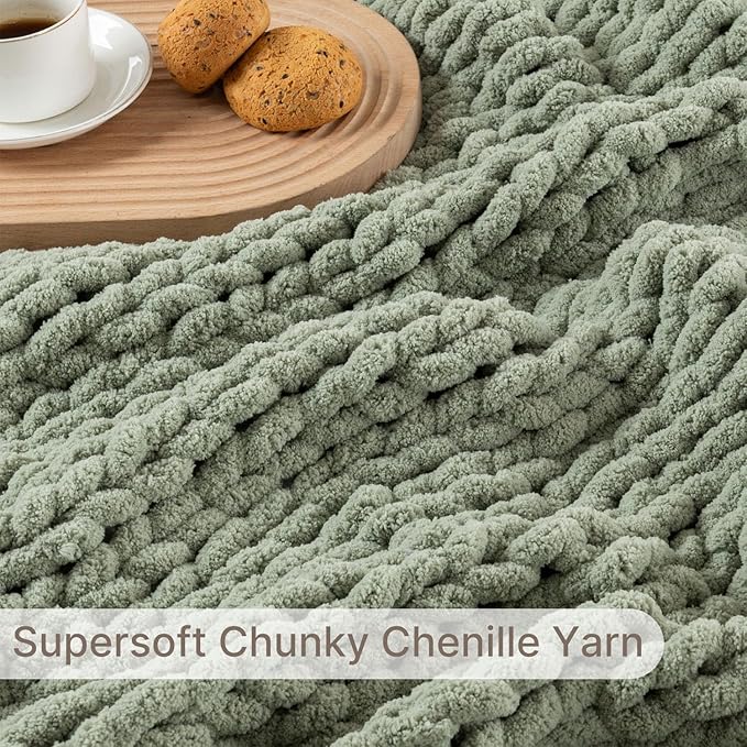 Chunky Knit Blanket Throw, 100% Hand Knit Throw Blanket Handmade Chenille Cable Knit Throw for Couch, Stylish Cozy Soft Rope Knot Crochet Blanket for Home Decor, Sage Green, 50x60 Inches