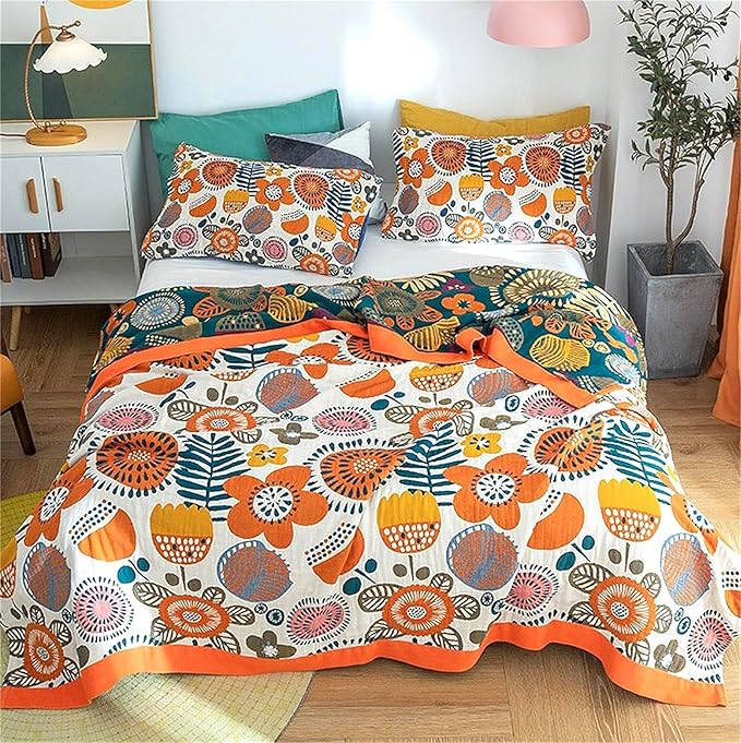 Throw Blanket Queen Size Summer Blanket for Couch Bed 80''x90'',100% Cotton Woven Muslin Blankets Travel Soft Warm Mexican Blanket Boho Quilt Home Decor for Women