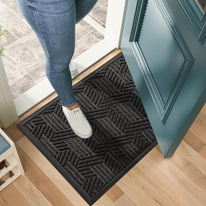 Mibao Front Door Mat Outside Entrance, Durable Outdoor Indoor Mat, Low Profile Heavy Duty Doormat, Non-Slip, Traps Dirt and Moisture, Easy Clean Patio Porch Entryway Mat, 24" x 36", Black