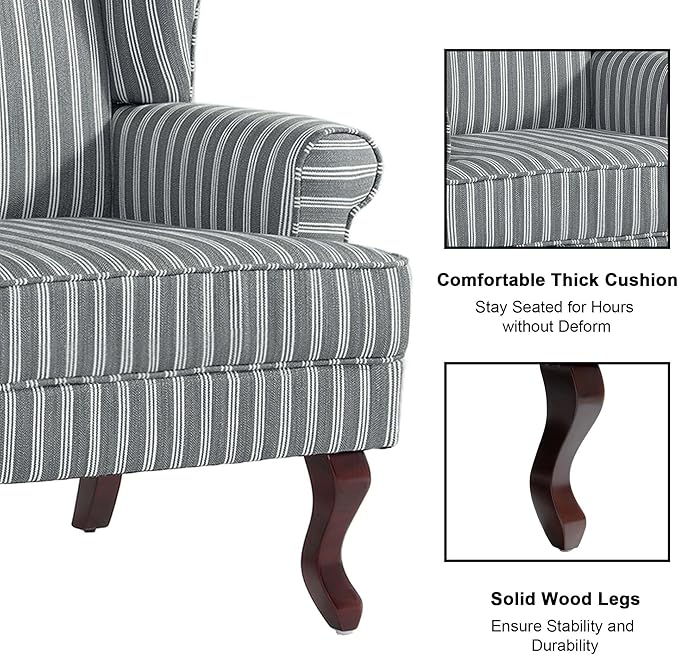 Accent Chair, High Back Upholstered Armchair with High Resilience Sponge & Wood Legs, Mid-Century Modern Comfy Single Sofa Reading Chairs for Living Room, Bedroom (Stripe Grey, Set of 2)