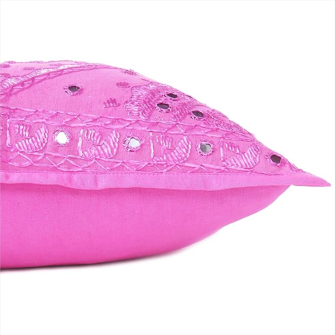 Eyes of India Embroidered Decorative Boho Throw Pillow Cover with Mirrors, Handmade Bohemian Accent Cushion Case for Sofa Couch Bedroom Living Room (Pink, 24" x 24")