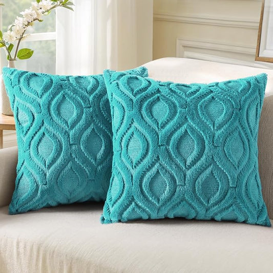 decorUhome Fall Throw Pillow Covers 26x26 Inch Set of 2, Soft Plush Decorative Faux Fur Turquoise Solid Couch Pillow Covers, Accent Farmhouse Neutral Square Euro Pillow Cases for Sofa Bed Living Room