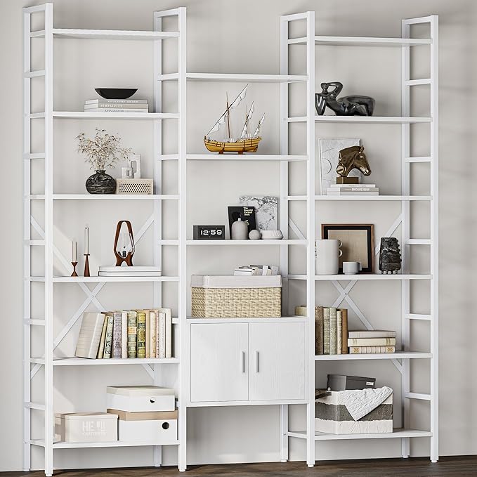 70x78 “ Triple 6 Tier Book Shelf, Industrial Large Bookcase with Storage Cabinet, Tall Bookshelf with 16 Open Display Shelves Metal Frame Furniture for Living Room Bedroom Home Office White