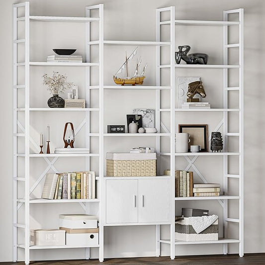 70x78 “ Triple 6 Tier Book Shelf, Industrial Large Bookcase with Storage Cabinet, Tall Bookshelf with 16 Open Display Shelves Metal Frame Furniture for Living Room Bedroom Home Office White