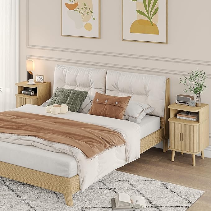 Alohappy Fluted End Table Set of 2, Mid Century Modern Nightstands with Sliding Tambour Door, Curved Round Edge Wood Bedside Table for Bedroom, Side Tables with Storage for Living Room, Natural Oak