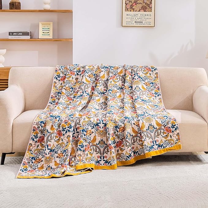 Boho Blanket Throw Quilt, 100% Cotton Soft Light Weight Throw Blankets for Summer, 50"x60" Farmhouse Flower Decorative Blankets, All Season Rustic Reversible Bohemian Throw Quilt