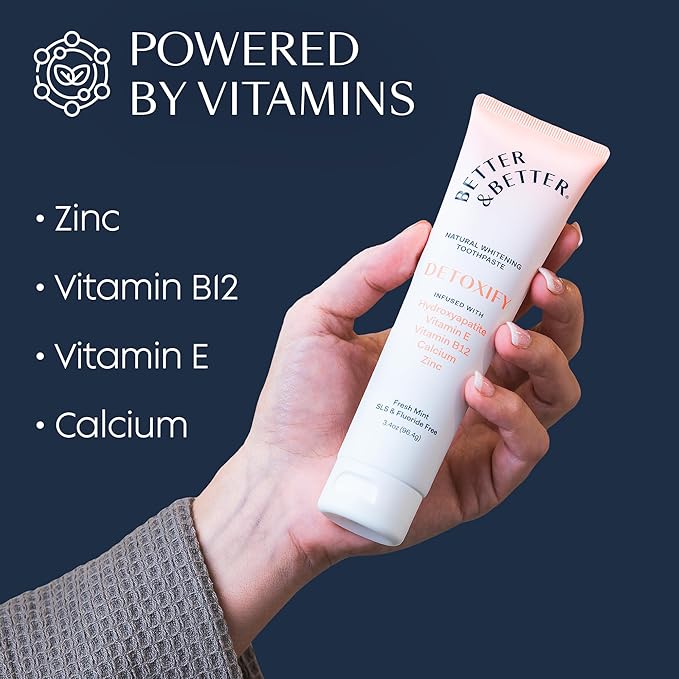 Better & Better Detoxify Hydroxyapatite Toothpaste | Whitening Toothpaste Infused w/Vitamins E & B12, Calcium & Zinc | Fluoride & SLS Free for Sensitive Brushers | Fresh Mint Flavor | 3.4oz, 1 Pack