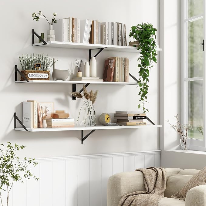 Fun Memories Deep Floating Shelves, 55W x 12D Floating Shelves for Wall, Wood White Floating Shelf with Bracket, Wide Display & Storage Wall Shelves for Living Room, Bedroom,