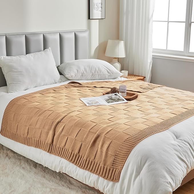 CozeCube Check Knit Throw Blanket, Beige Checkered Throw for Couch, Decorative Christmas Soft Cozy Warm Knitted Blanket for Bed Sofa Living Room, 60"X80"