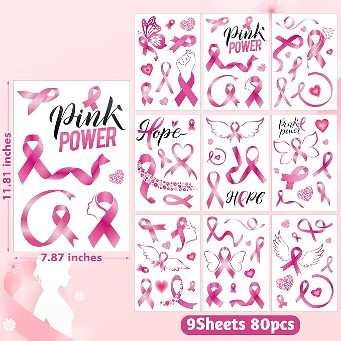 9 Sheets Breast Cancer Awareness Window Clings, 77 Kinds of Pink Window PVC Stickers for Pink Ribbon Decorations, Hope Fight Cancer Theme Windows Decals for Glass Home Decor Supplies