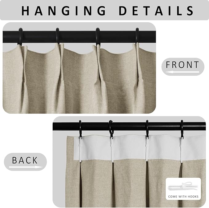 Macochico Beige 100% Blackout Linen Curtains 96 Inches Long Pinch Pleated Curtains for Bedroom Living Room Nursery Farmhouse Insulated Sound Reducing Drapery with Tieback 84”Wx96”L 1 Panel