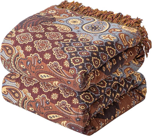 Boho Throw Blanket for Couch Sofa Bed, 100% Cotton Woven Quilt with Tassel 60”x80”, Super Soft Muslin Blanket with Patchwork Printed, Decorative Reversible Bed Blanket/Cover for All Seasons