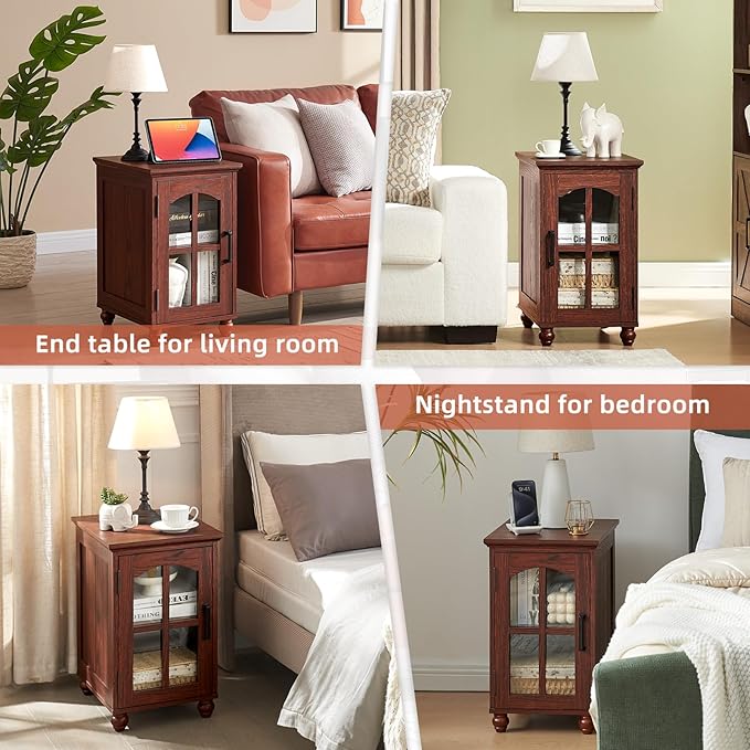 Narrow Side Table,Farmhouse Nightstand with Charging Station,Wood End Table with Glass Barn Door Storage, Cabinet Organizer with Adjustable Shelf, Night Stand for Small Spaces for Living Room Bedroom