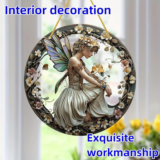 Flower Fairy Garden Decorations Angel Wing Christmas Halloween Deco Statue Art Elf Sculpture Hanging Craft for Outdoor Yard Courtyard Lawn Patio Window Acrylic Ornament Home Gift (C,L: 8*8 IN)