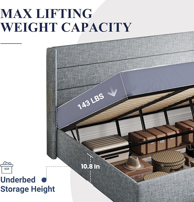 Allewie King Size Lift Up Storage Bed, Modern Wingback Headboard, Hydraulic Support, No Box Spring Needed, Grey Blue