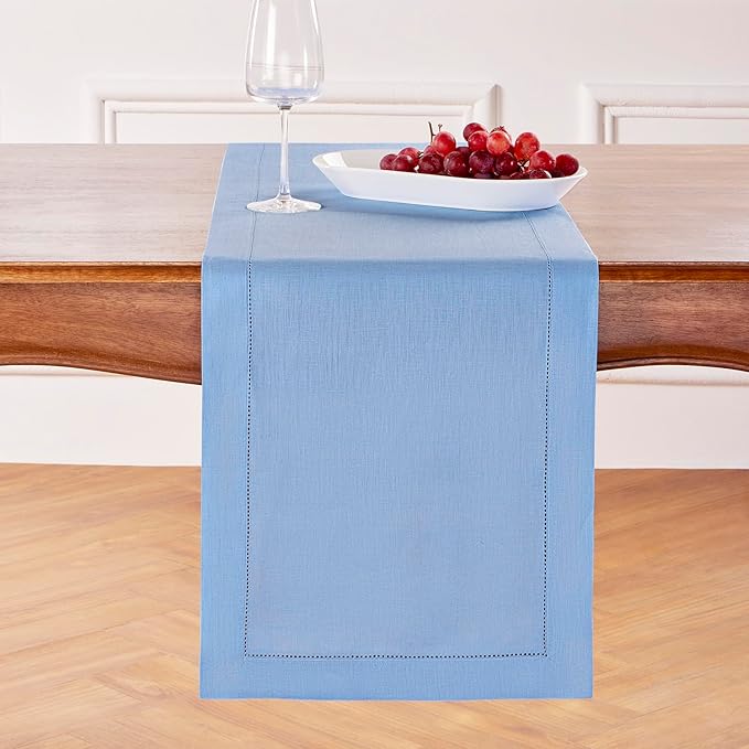 Solino Home Linen Cornflower Blue Table Runner 90 Inches Long - 100% Pure Linen Hemstitch 14 x 90 Inch Table Runner for Dining - Classic Hemstitch