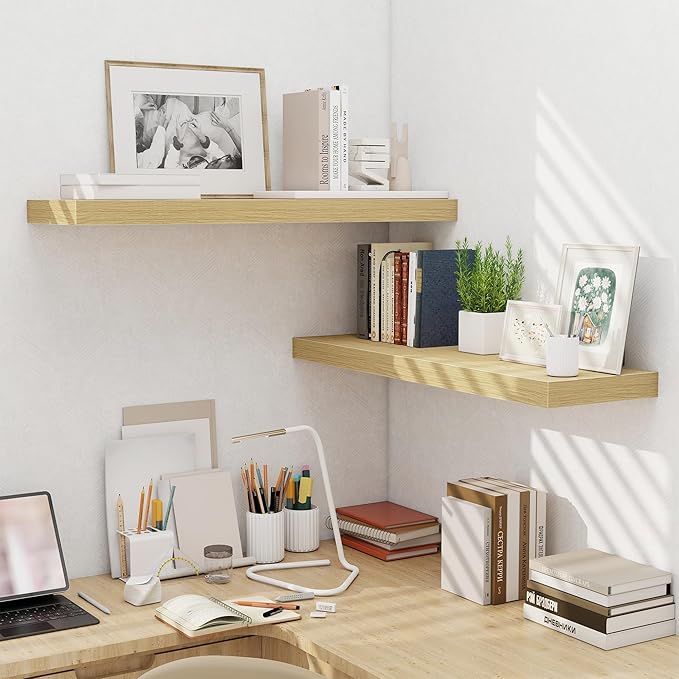 Fun Memories Floating Shelves for Wall 36 Inches, Wood Shelves with Invisible Bracket, 10" Deep Shelves Wall Mounted, Large Wood Floating Shelves for Living Room Bathroom, Oak, Set of 2