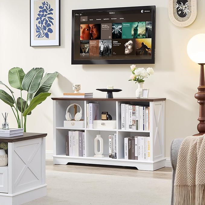 Farmhouse 6 Cube Bookshelf, White Storage Organizer Bookcase, Kids Toy Storage Cabinet, Long Bookshelves Storage Organizer Shelf, Wood Display Cabinet Book Shelves for Bedroom,Living Room,Office