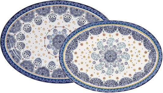 Bico Blue Talavera 16 plus 14 inch Oval Platters Set, Set of 2, Microwave and Dishwasher Safe, for Serving Fish, Chicken, Turkey