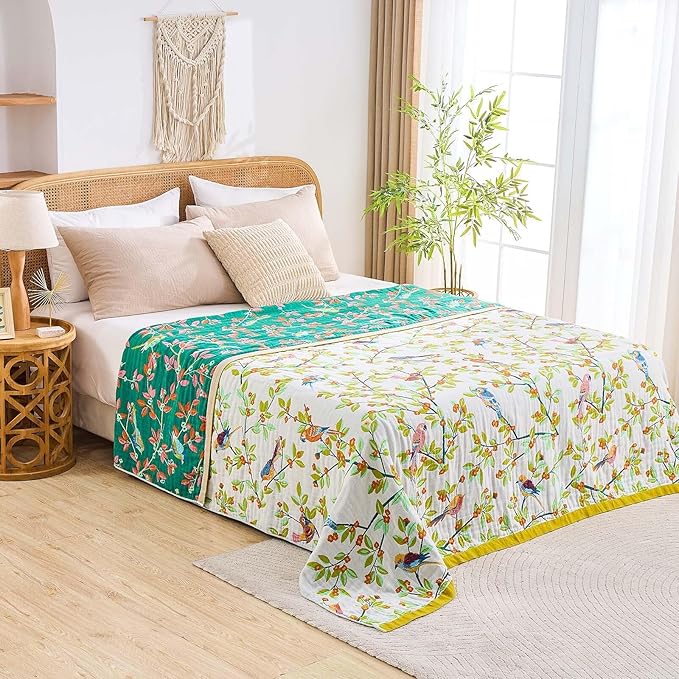 Boho Throw Blanket for Bed, 100% Cotton Soft Rustic Quilt Fall Blanket, 60"x80" Floral Printed Farmhouse Decor Bed Blankets, All Season Rustic Reversible Bohemian Throw Quilt