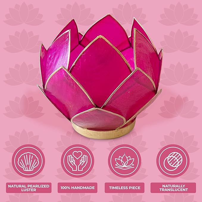 Blooming Lotus Capiz Shell Tealight Candle Holder, Handcrafted Decorative Tea Light Candleholder with Translucent Flower Petals for Ambient Illumination and Natural Elegance, Fuchsia